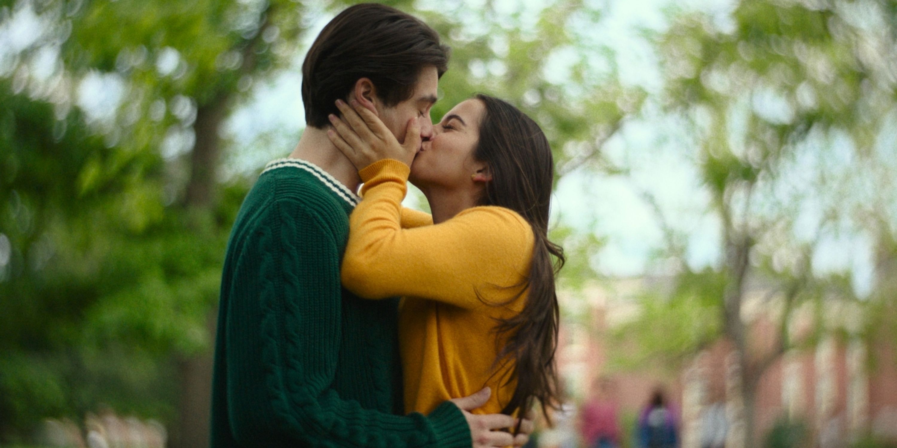 Isabela Merced as Aza and Felix Mallard as Davis sharing a kiss in Max&rsquo;s Turtles All the Way Down