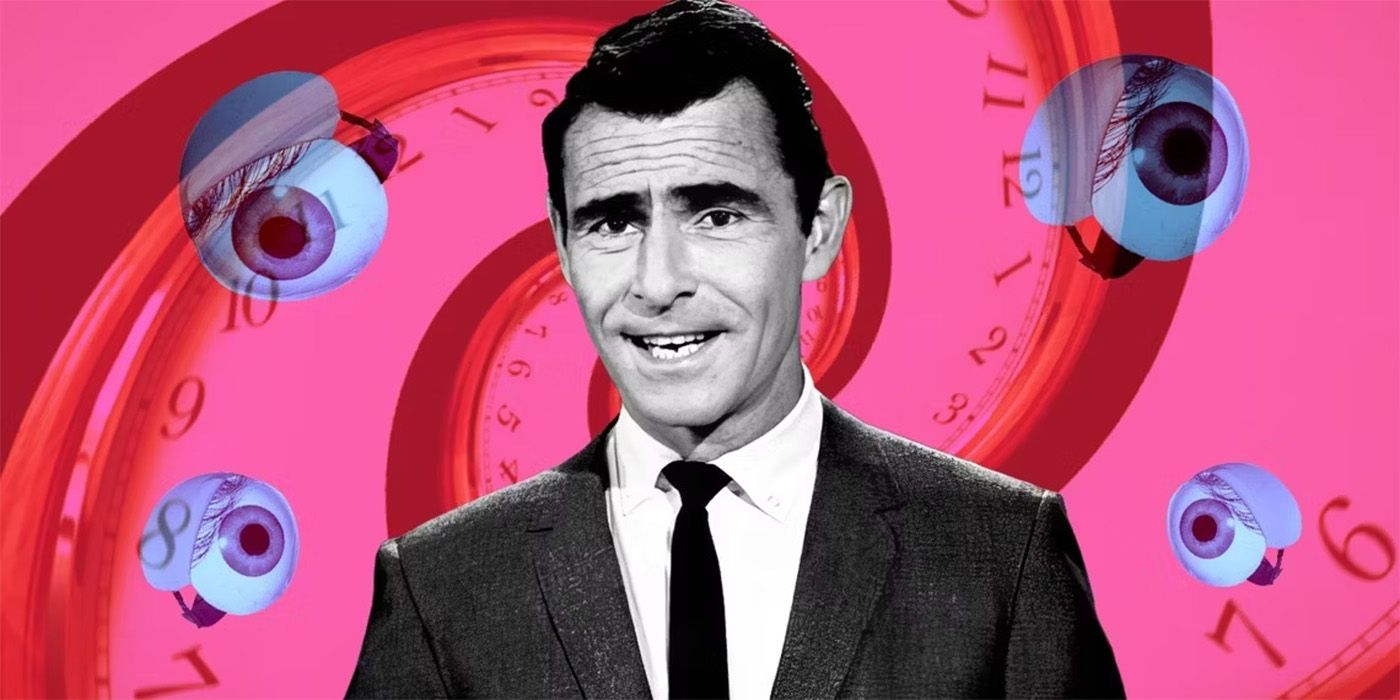 Une image personnalisée de Rod Serling de la zone crépusculaire entourée d'une horloge et de globes oculaires torsadés