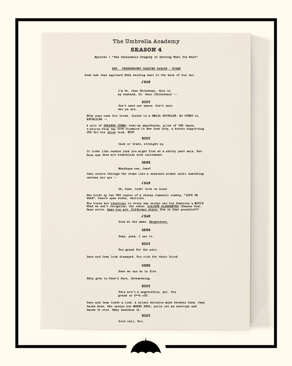a script page from The Umbrella Academy Season 4 Episode 1, "The Unbearable Tragedy of Getting What You Want"