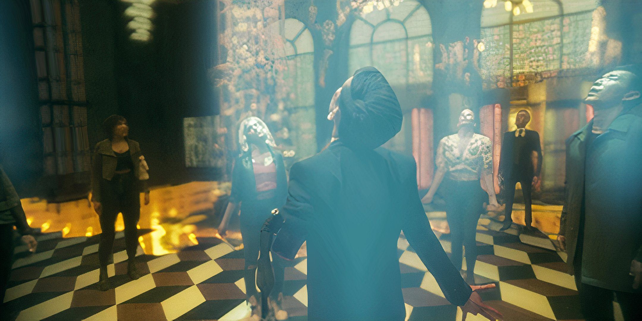 Allison (Emmy Raver-Lampman) and Reginald (Colm Feore) watch as Lila (Ritu Arya), Five (Aiden Gallagher), Sloane (Genesis Rodriguez) and Ben (Justin Min) have their powers sucked out of them in Season 3, Episode 10 of The Umbrella Academy