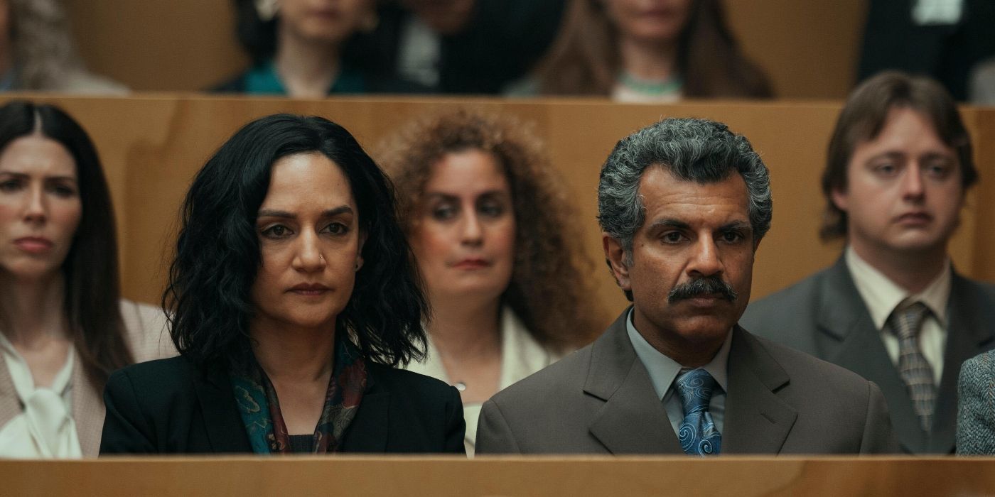 Archie Panjabi and Ezra Faroque Khan sitting in court in the Under the Bridge finale