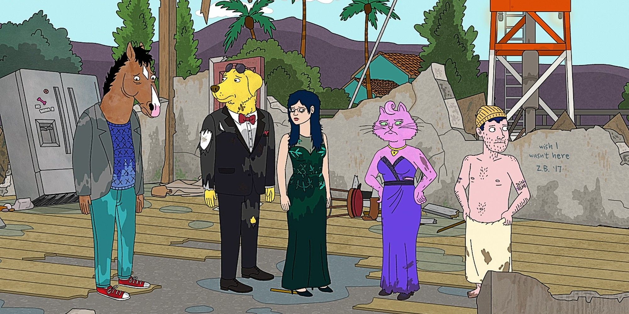 Bojack Horseman, Mr. Peanutbutter, Diane Nguyen, Princess Carolyn, and Todd Chavez in Bojack Horseman.