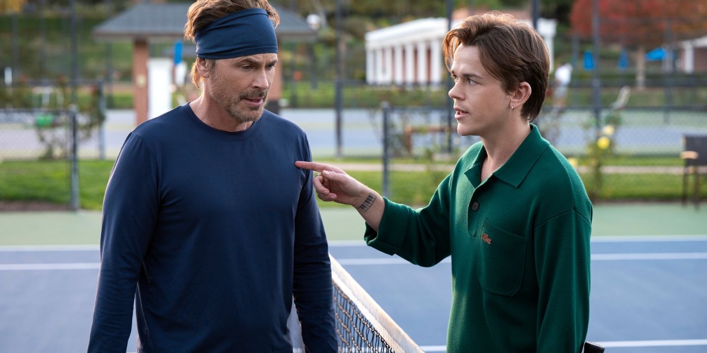 Rob Lowe and John Owen Lowe have a tense conversation on the tennis court in Unstable Season 2