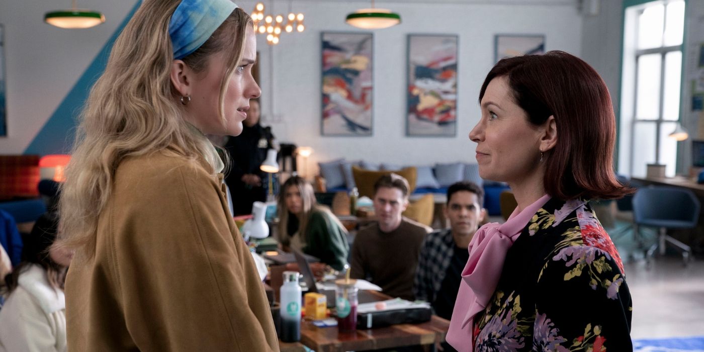 Elizabeth Lail and Carrie Preston speak in Elsbeth Episode 8 