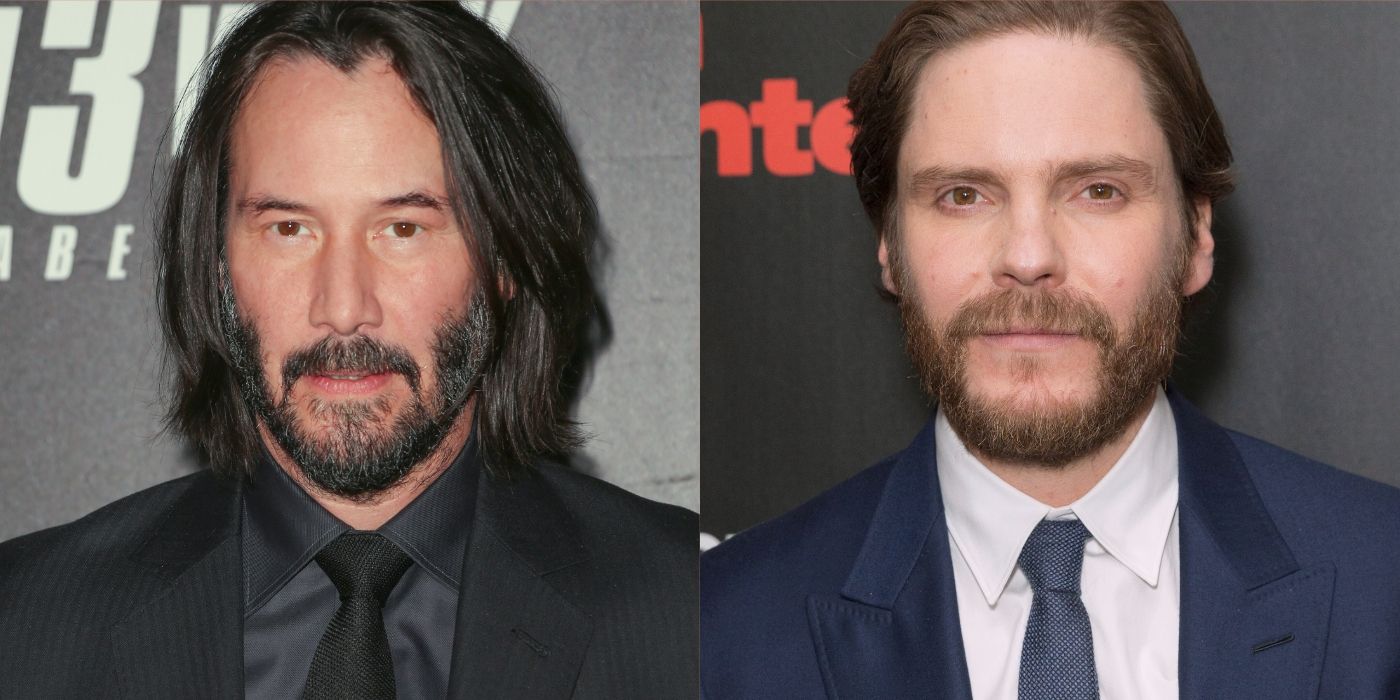 Keanu Reeves and Daniel Brühl in a split image from red carpet appearances