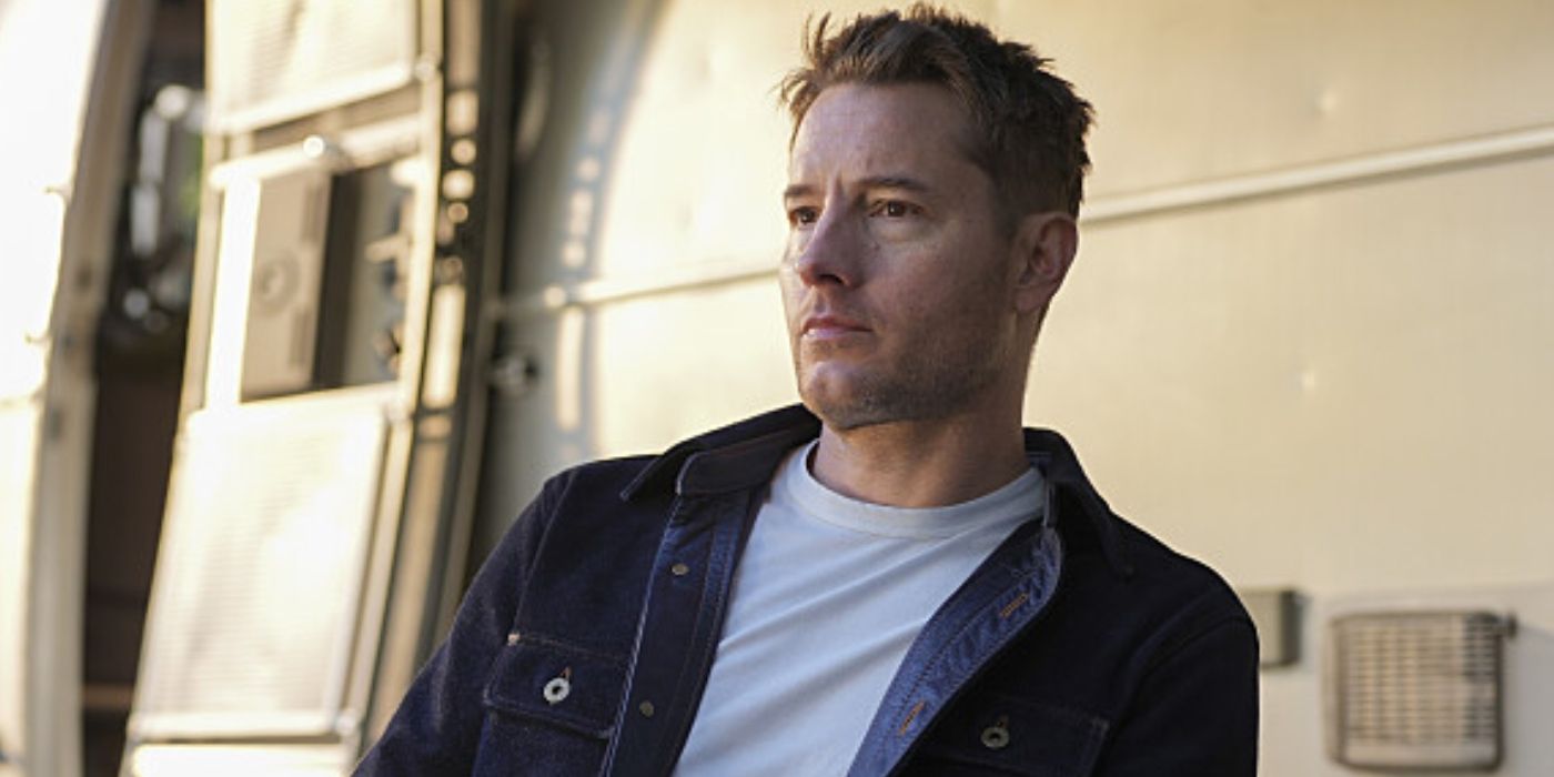 Justin Hartley as Colter sitting outside of his camper in Tracker Season 1, Episode 13