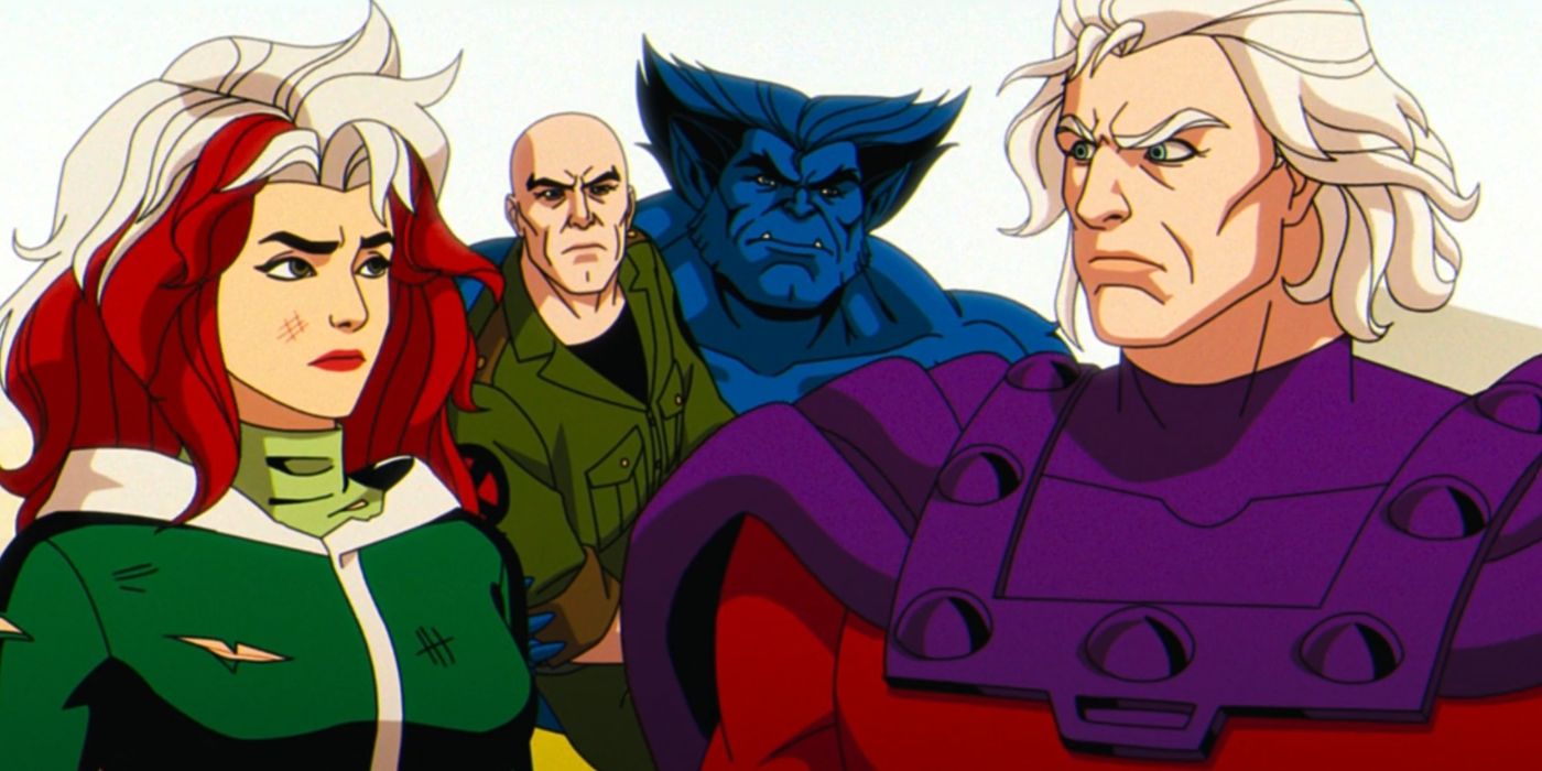Rogue and Magneto exchange a look, as Hank carries Professor Xavier in the background