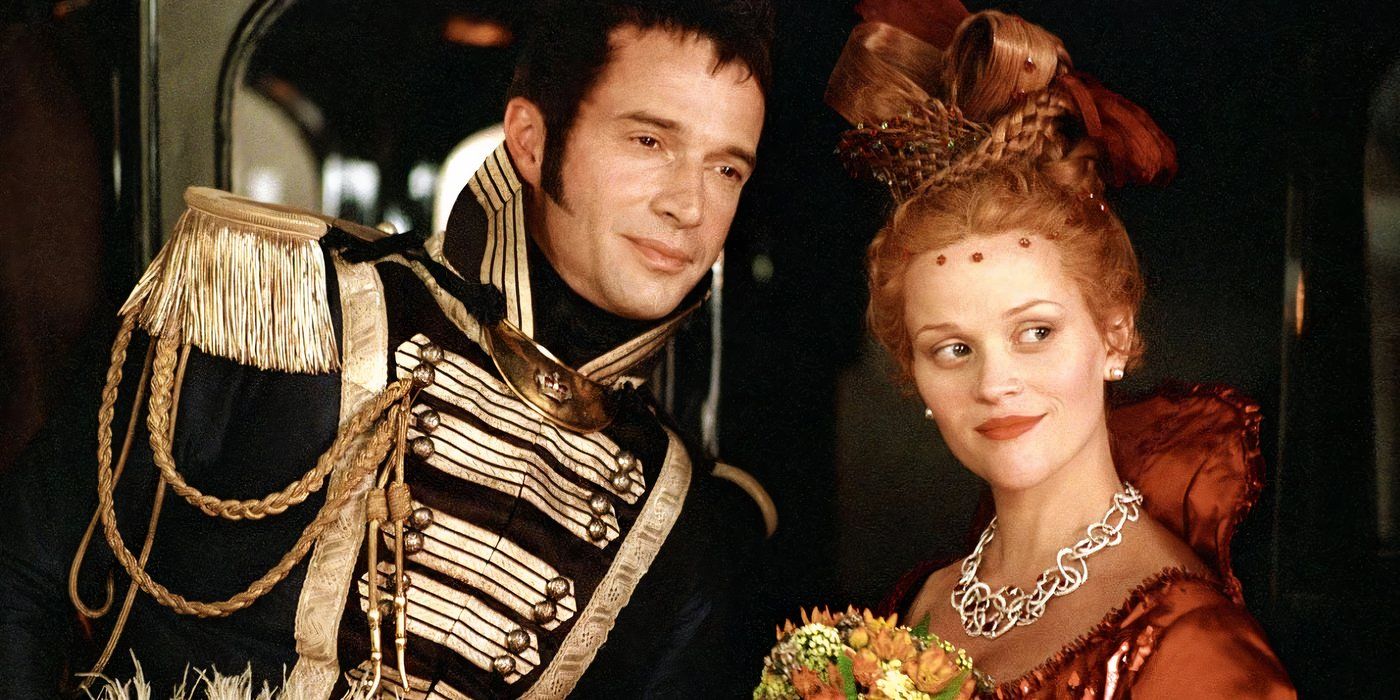 Colonel Rawdon Crawley and Becky Sharp smile at onlookers after they have exited their carriage. Becky is wearing an elegant orange dress and carrying a bouquet of flowers.  Colonel Rawdon is wearing a golden and black military uniform.