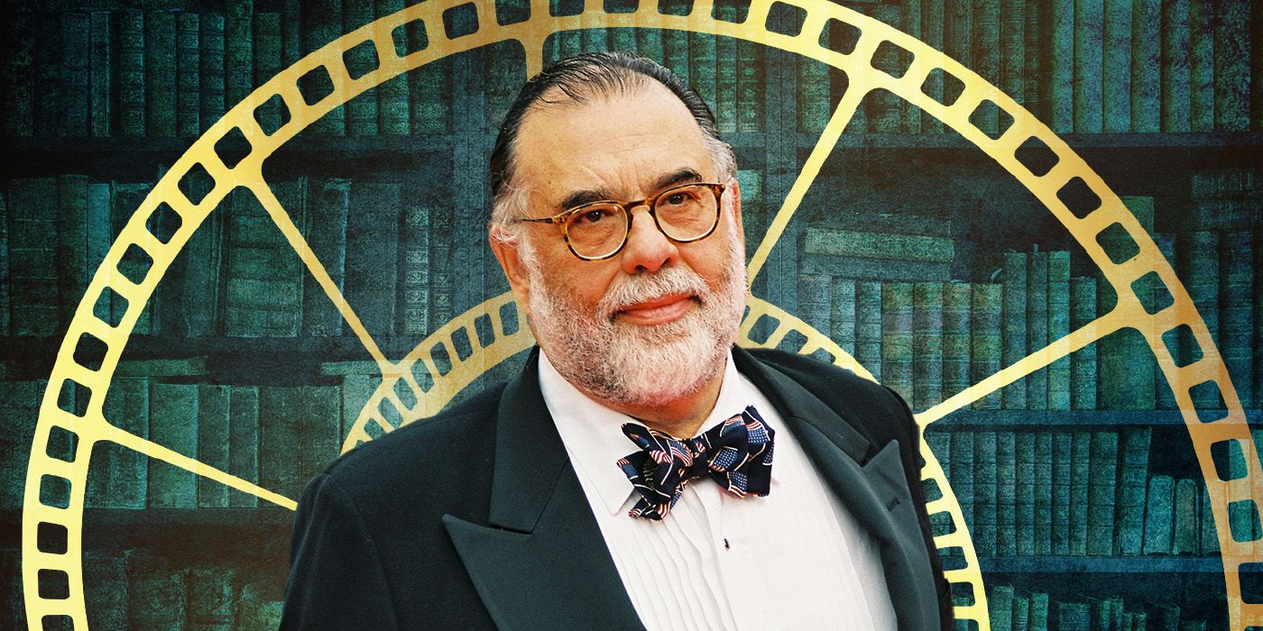 Custom portrait of Francis Ford Coppola standing in front of a film reel and bookshelf