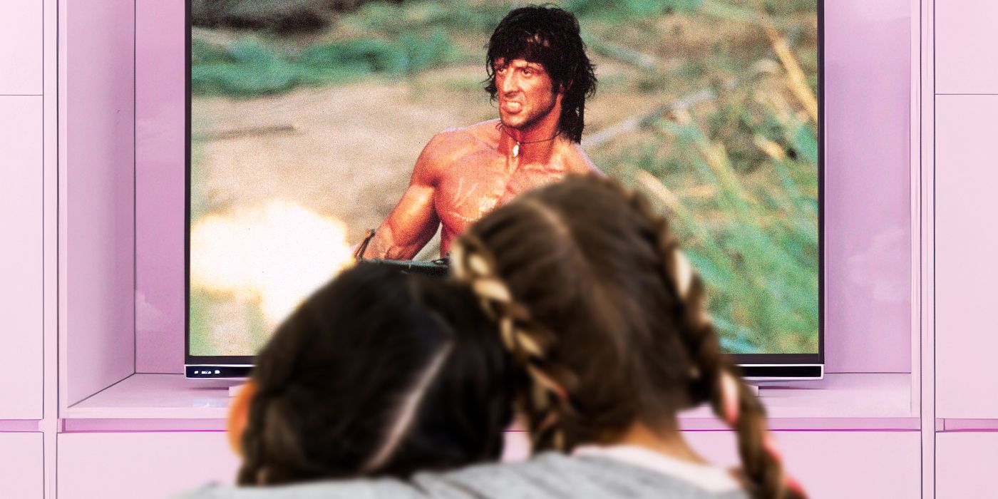 Feature Image of Rambo (Sylvester Stallone) on a screen in front of kids