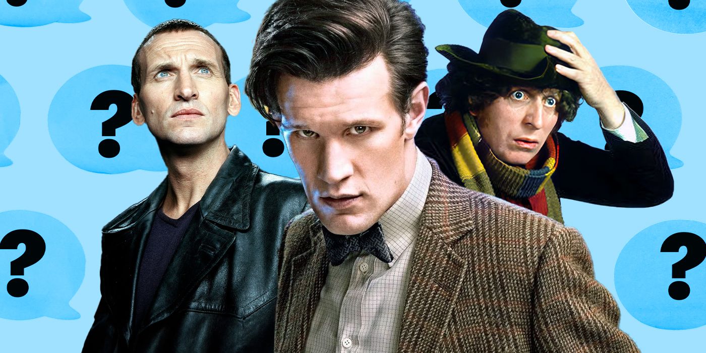 A custom image of Christopher Eccleston, Matt Smith, and Tom Baker as the Doctor from Doctor Who in front of a light blue background scattered with question marks
