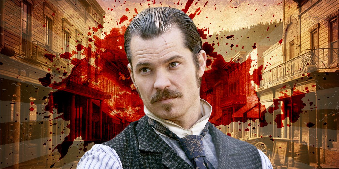 Timothy Olyphant as Seth Bullock of Deadwood, superimposed in front of an old town and a splash of blood