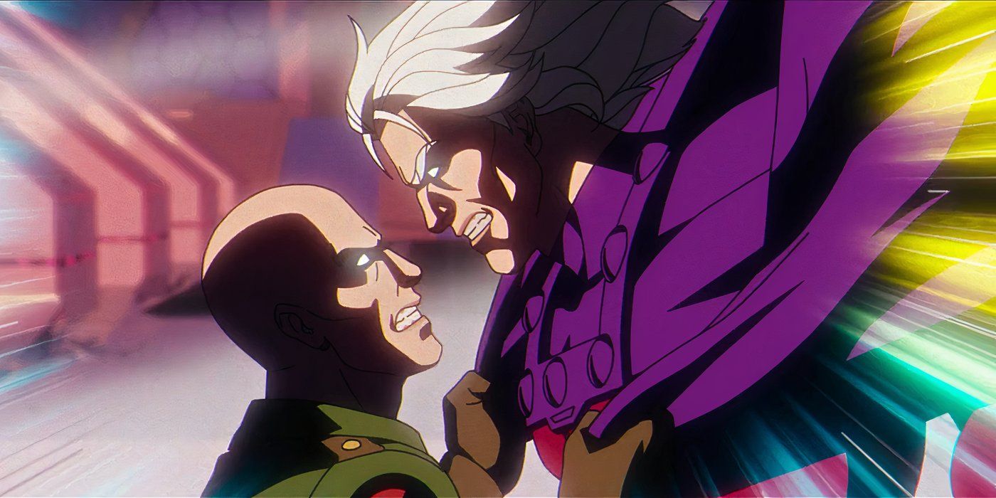 A furious Charles Xavier gripping Magneto by the front of his cape as Magneto angrily stares back in X-Men '97