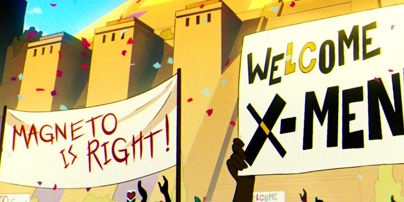 A mutant crowd celebrating in Genosha holding signs that read Welcome X-Men and Magneto Is Right in X-Men '97