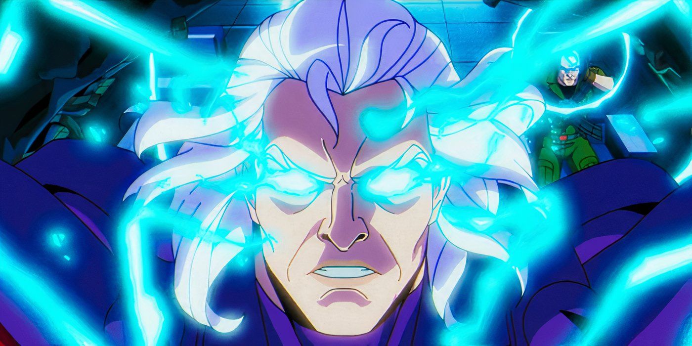 A close up of Magneto's eyes filled with a blue energy that's also swirling around him and his stern expression in X-Men '97