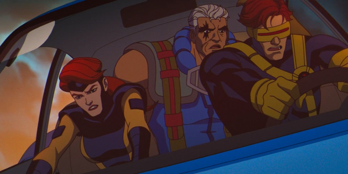 Jean Grey, Cable, and Cyclops in a Porsche in the 'X-Men '97' episode "Tolerance Is Extinction - Part 1."