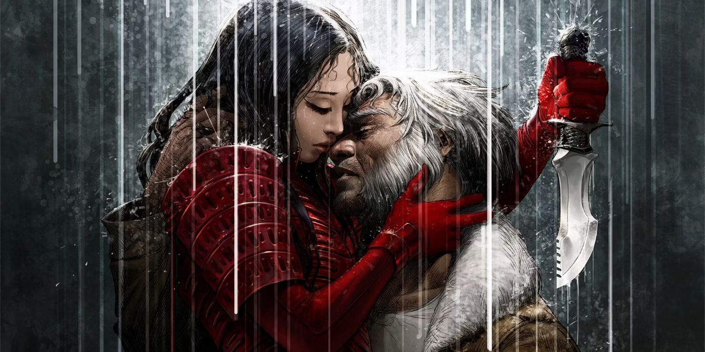 A comics image of Mariko Yashida, wearing red armor, cradling Old Man Logan to her chest and nuzzling his face while holding a knife up behind him in Old Man Logan