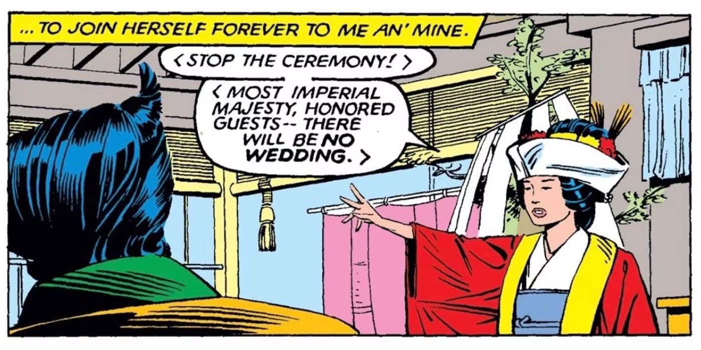 A comics image of Mariko Yashida holding an arm out and stopping her wedding cermeony to Wolverine in X-Men