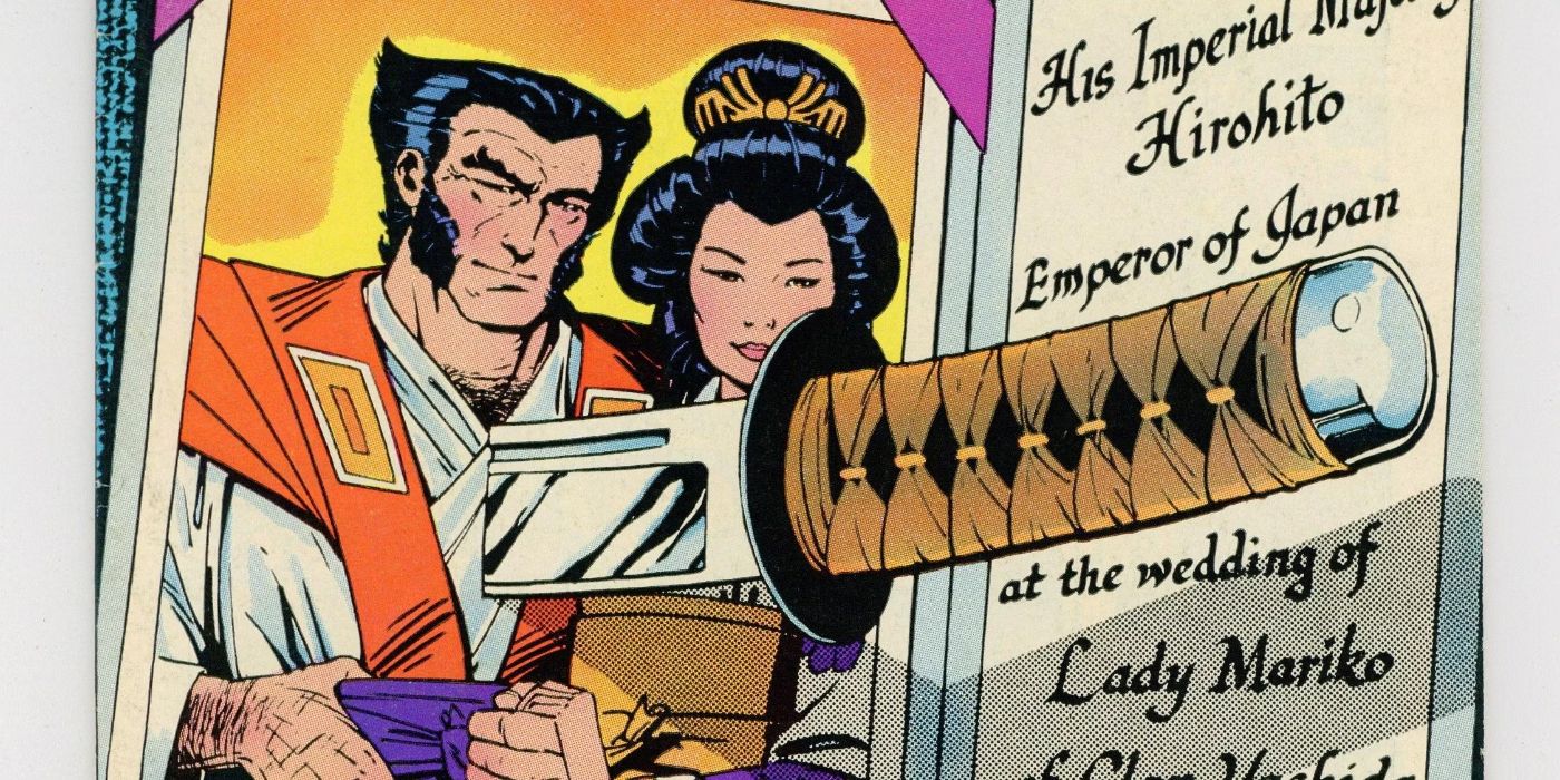 A comic book image of Wolverine and Mariko Yashida's wedding invitation with a samurai sword thrust into Wolverine's chest in X-Men
