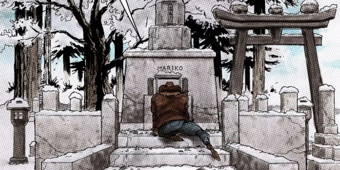 A comics image of Wolverine kneeling at Mariko's grave in X-Men