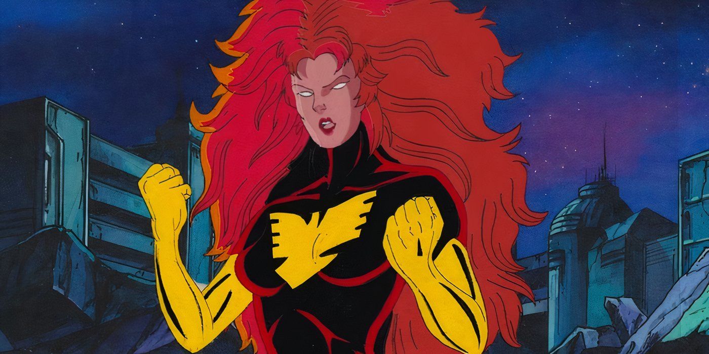A Jean Grey possessed by the Dark Phoenix raising her clenched fists in X-Men: The Animated Series.