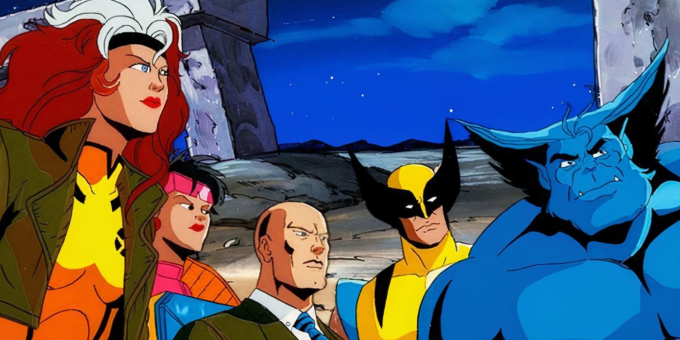 Rogue, Jubilee, Charles Xavier, Wolverine and Beast all together and looking at something off-screen to the right in X-Men: The Animated Series