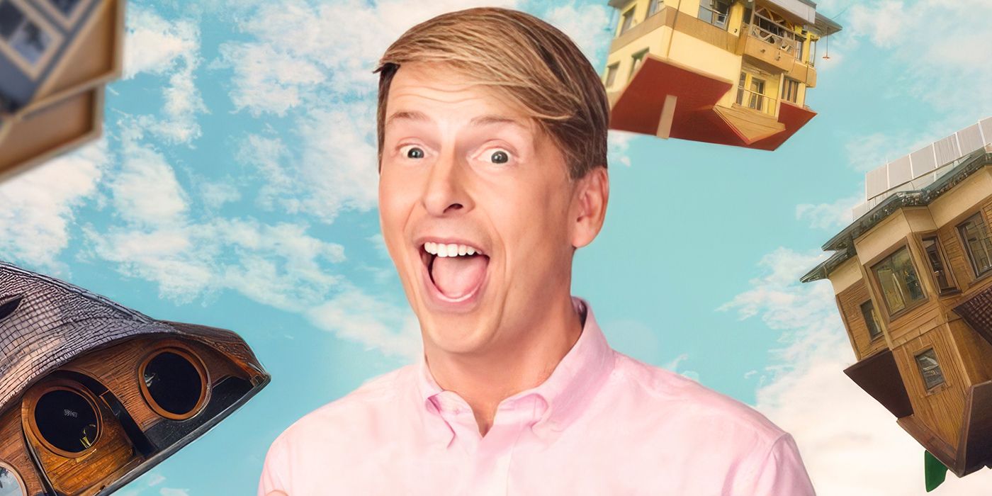 Jack McBrayer looks surprised with homes around him in a still for Zillow Gone Wild