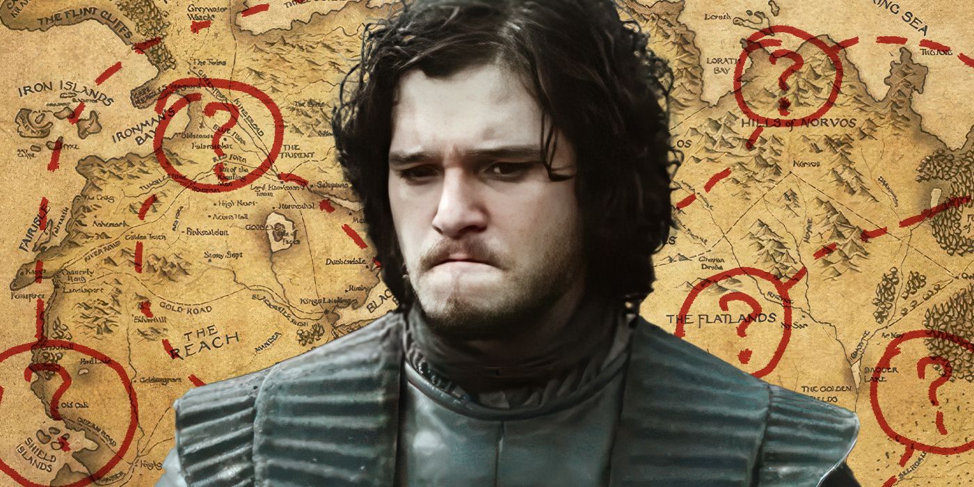 Blended image showing Jon Snow and a map of Westeros in the background