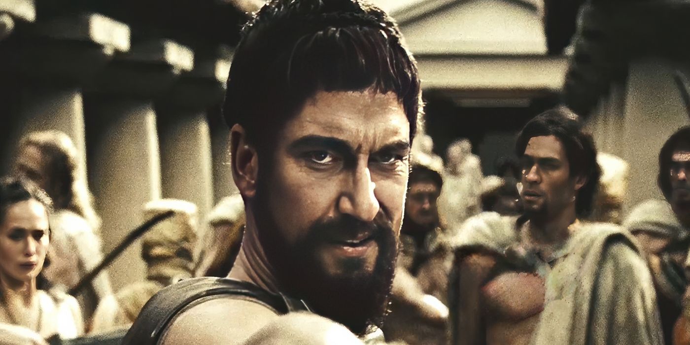 A furious King Leonidas (Gerard Butler) wielding a sword in 300