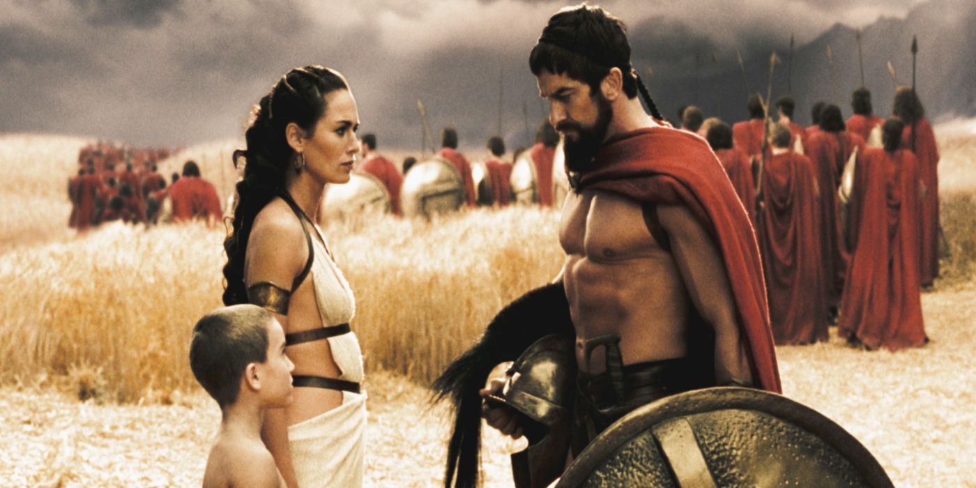 Lena Headey as Gorgo stands with Gerard Butler's somber King Leonidas as he leaves with his army in 300