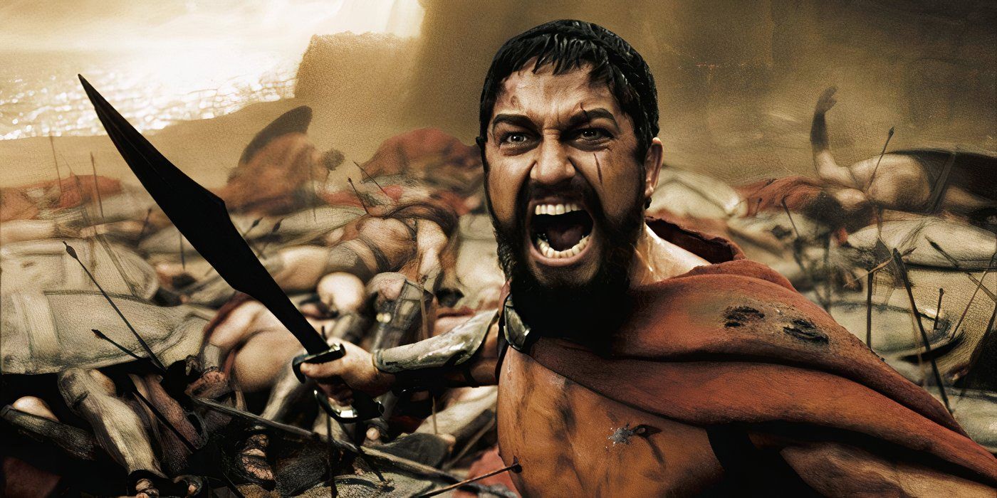 Leonidas I draws his sword and screams at his enemies. Mounds of bodies lay behind him