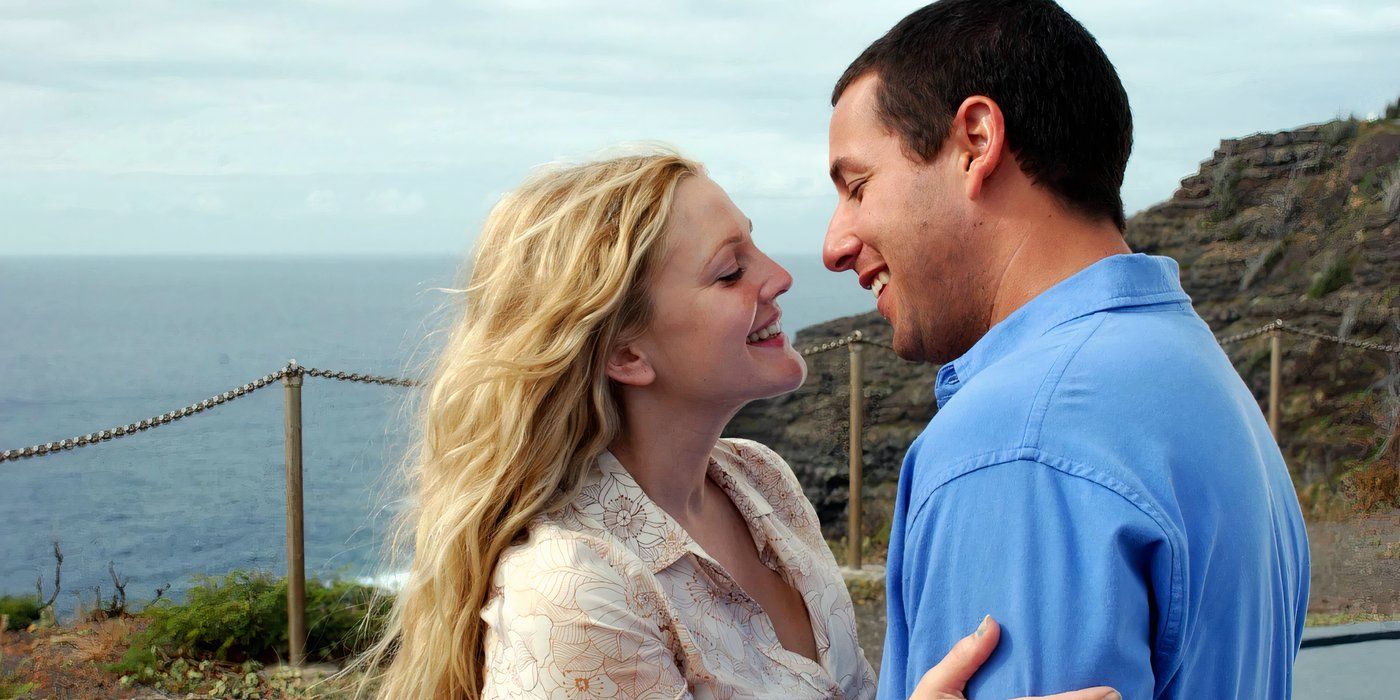 Adam Sandler and Drew Barrymore about to share a kiss in 50 First Dates