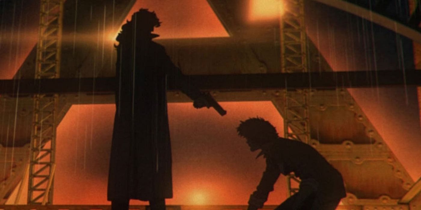 Vincent pointing a gun at Spike in Cowboy Bebop.