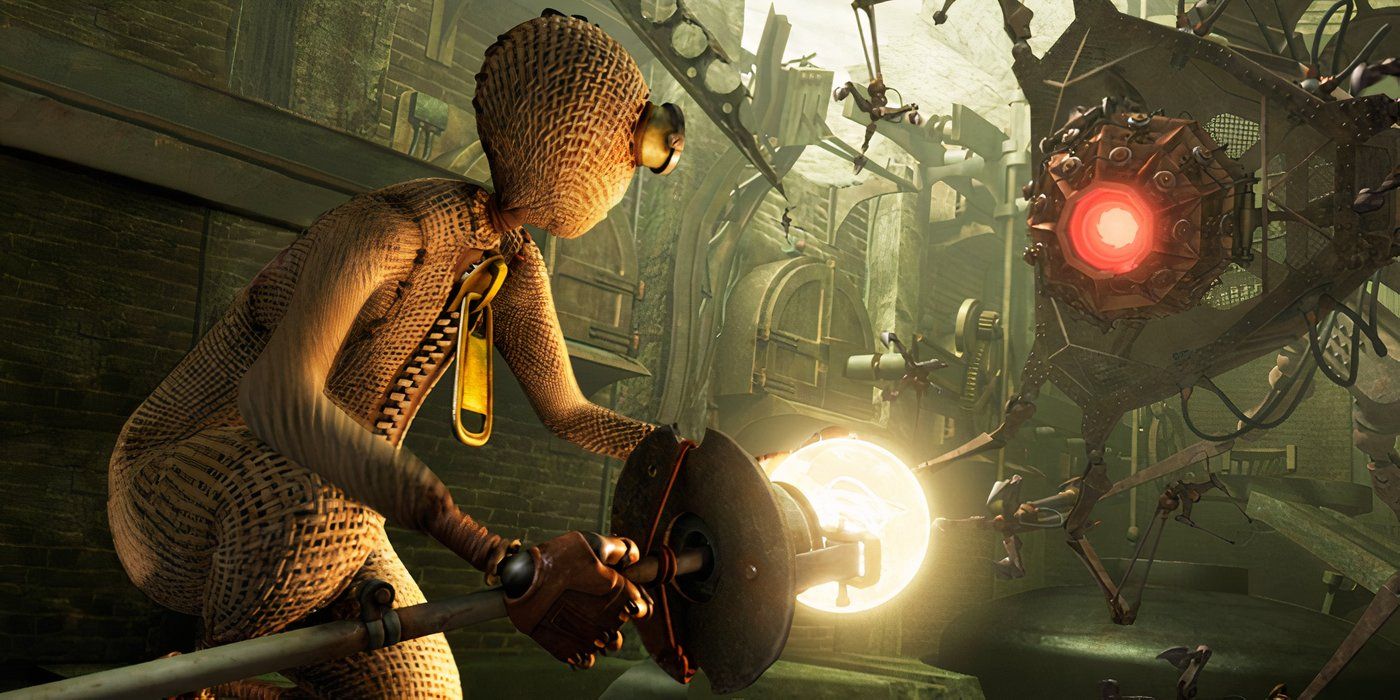 A rag doll aiming a light at a large machine in 9