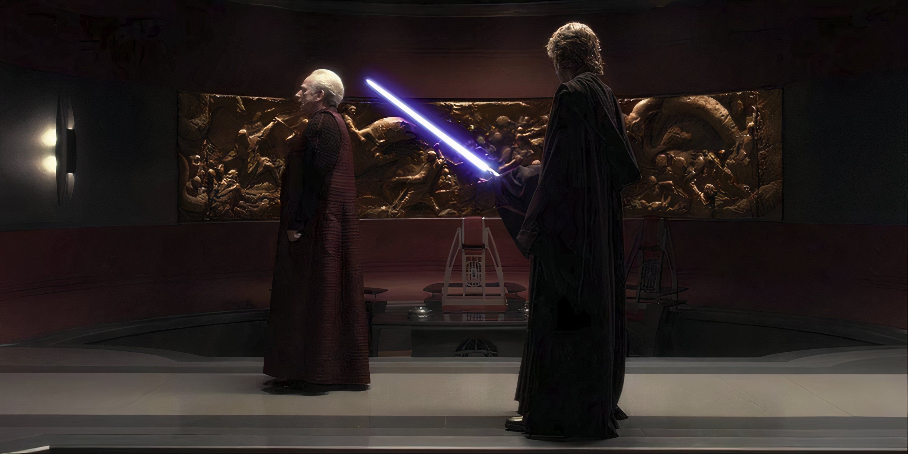 Anakin directs his lightsaber blade at Palpatine artwork of the Sith Empire.