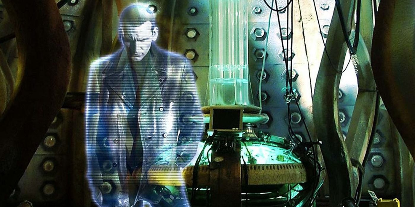 A hologram of Christopher Eccleston as the 9th Doctor in the TARDIS from Doctor Who's The Parting of the Ways
