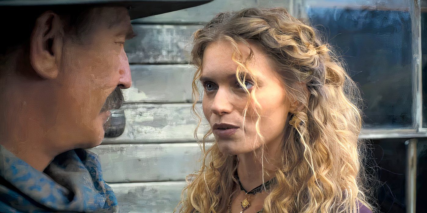 Abbey Lee as Marigold talking with Kevin Costner as Hayes on the horizon: an American saga