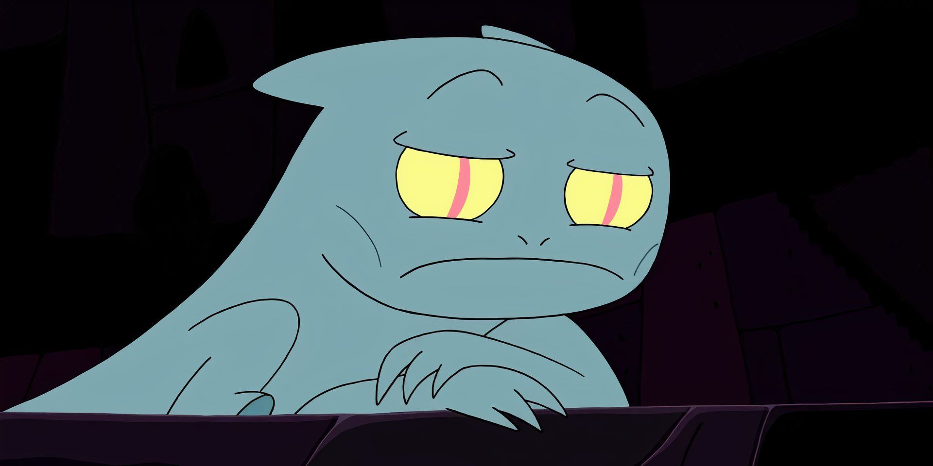 A large, teal demon cat with its paws crossed and a smug, unassuming expression on its face in the 'Adventure Time' episode, 'Dungeon' 
