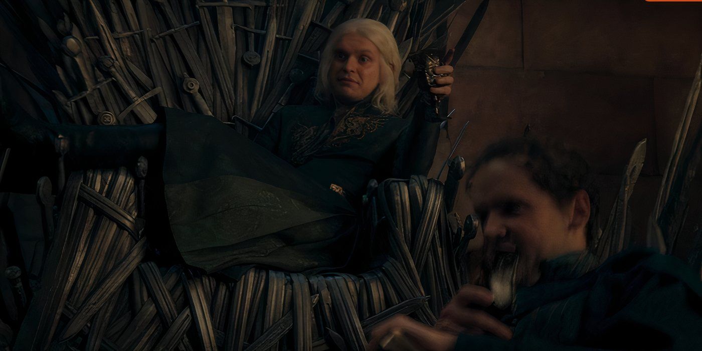 Aegon lounging on the Iron Throne while drinking wine with his friends in 'House of the Dragon'