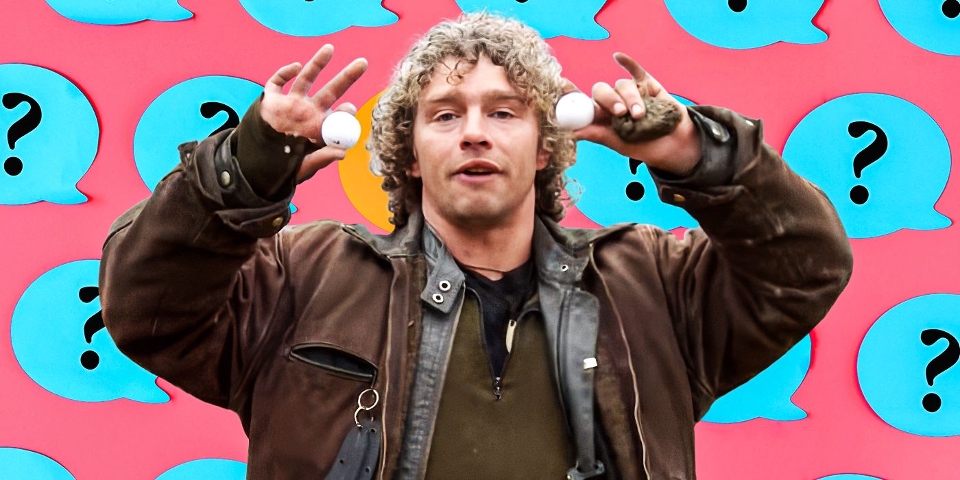 One of the members of the Brown family of Alaskan Bush People holding eggs in his hands with question marks in the background.