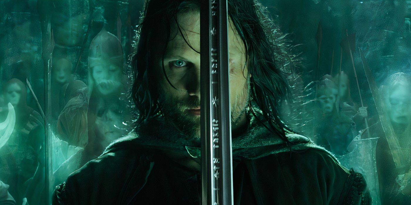 Aragorn (Viggo Mortensen) está com a espada erguida no rosto enquanto o exército dos mortos o cerca