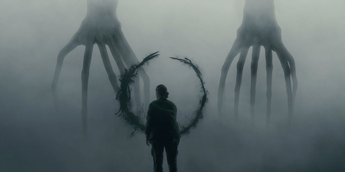 Banks (Amy Adams) está em meio à névoa enquanto dois grandes alienígenas com vários membros semelhantes a aranhas liberam um anel de fumaça preta ao seu redor.