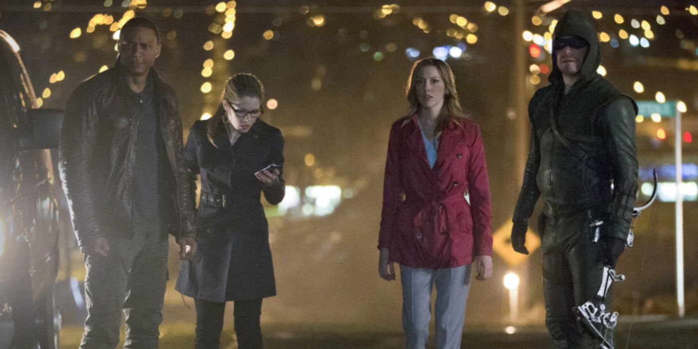 David Ramsey, Emily Bett Rickards, Katie Cassidy, and Stephen Amell in 'Arrow' Season 1, Episode 22 "Streets of Fire"