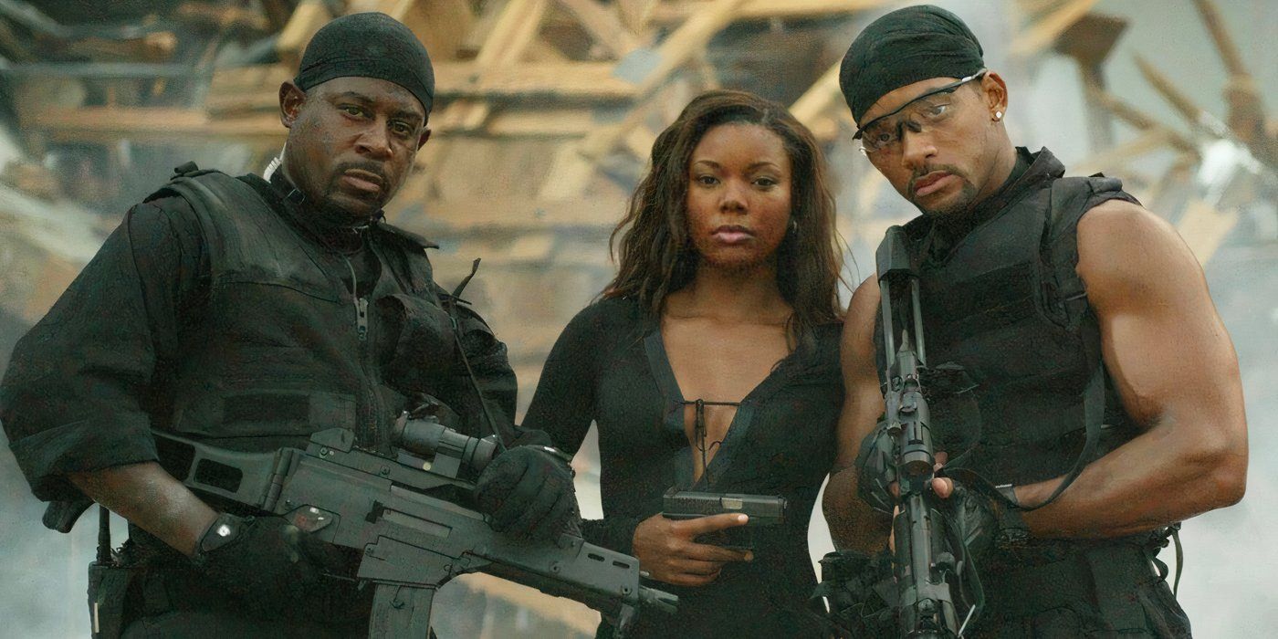 Martin Lawrence, Gabrielle Union and Will Smith with firearms in police outfit like Marcus Burnett, Syd and Mike Lowrey 