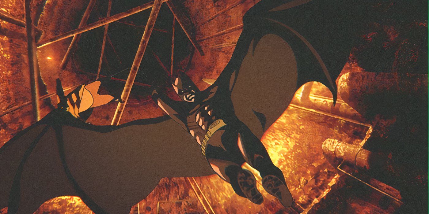 Batman repels away from an explosion in Batman: Gotham Knight