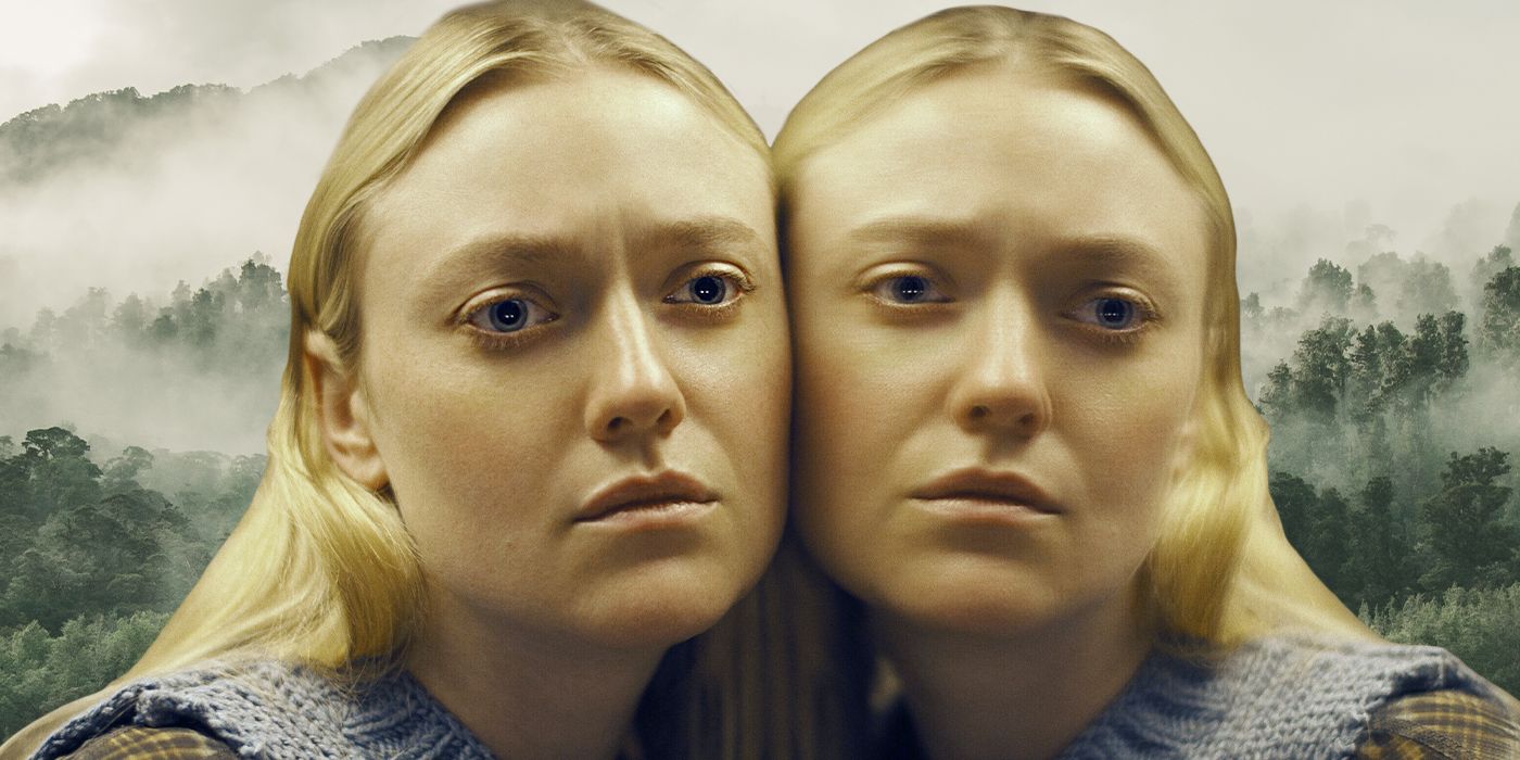 Dakota Fanning as Mina in The Watchers against a forest-themed background