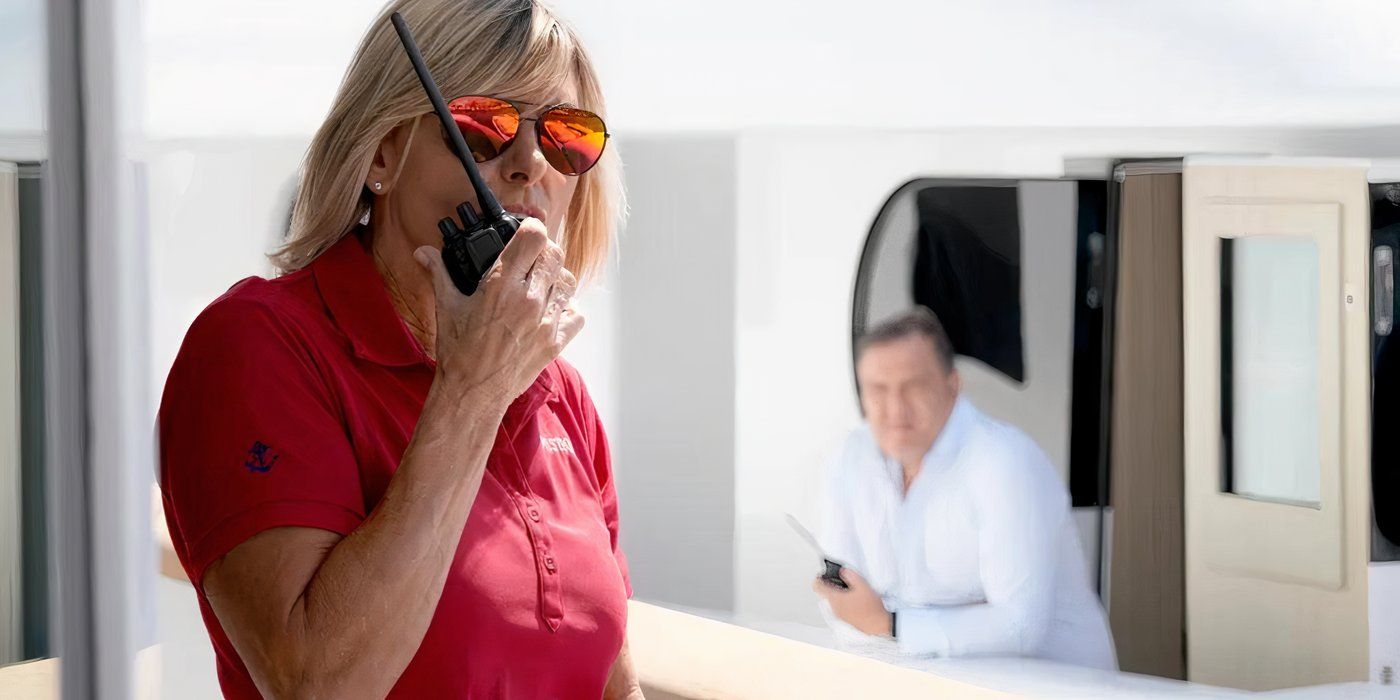 Captain Sandy talks on a radio during 'Below Deck Med.'