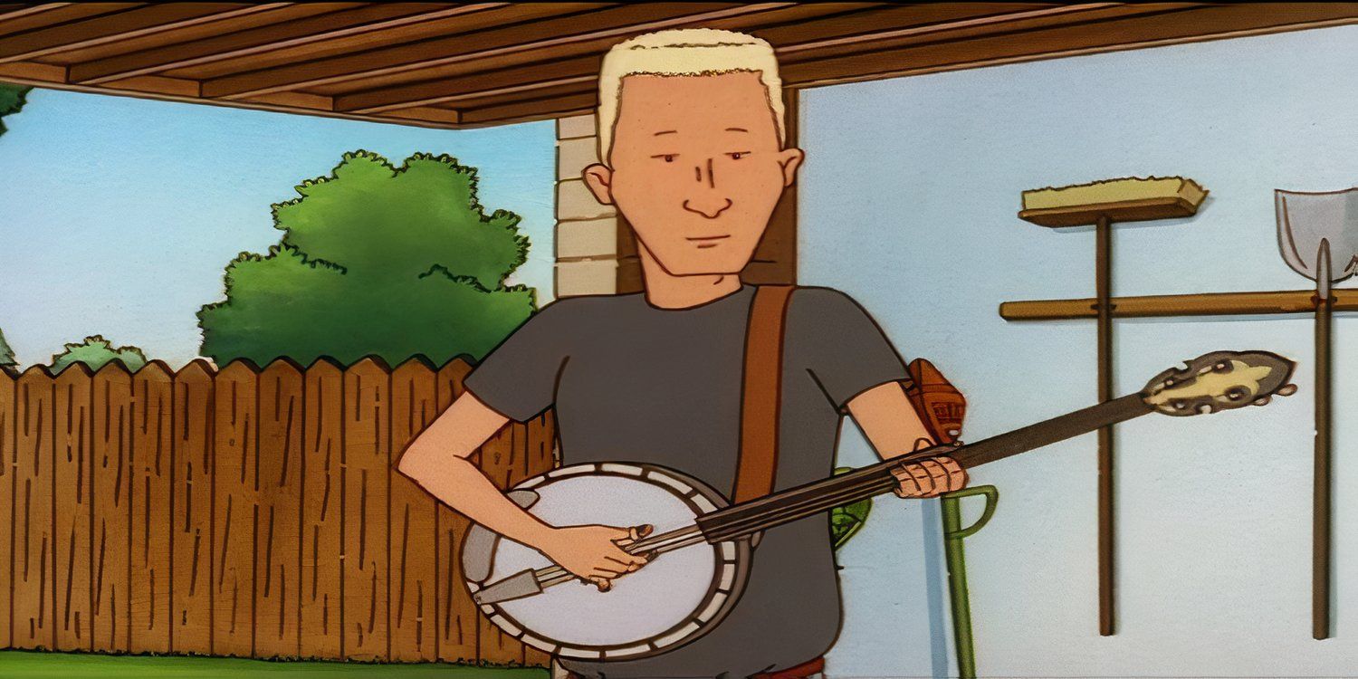 Boomhauer with a banjo strumming bluegrass in an episode of King of The Hill.