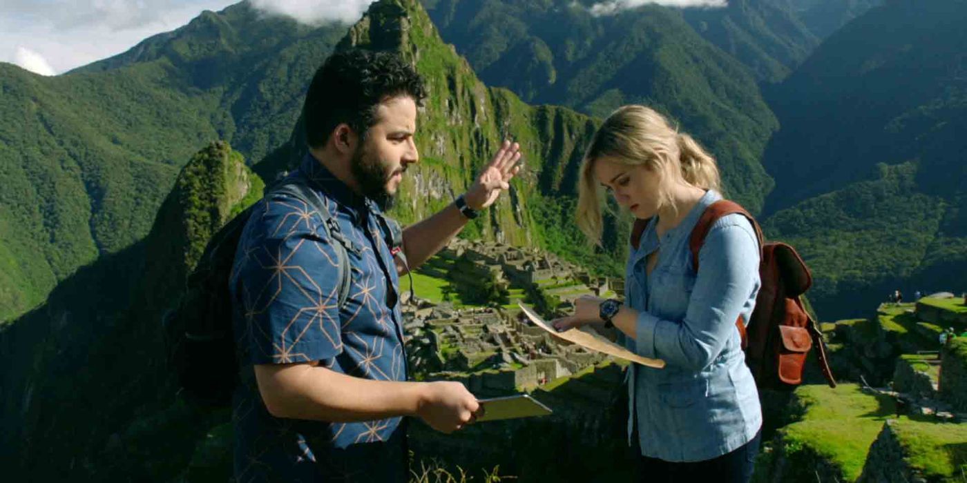 Rich and Patterson disagreeing as they look at a map, whilst standing on the hills of Machu Picchu.