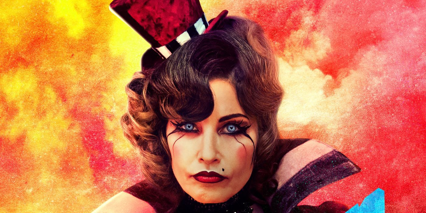 Gina Gershon as Mad Moxxi on a character poster for Borderlands.